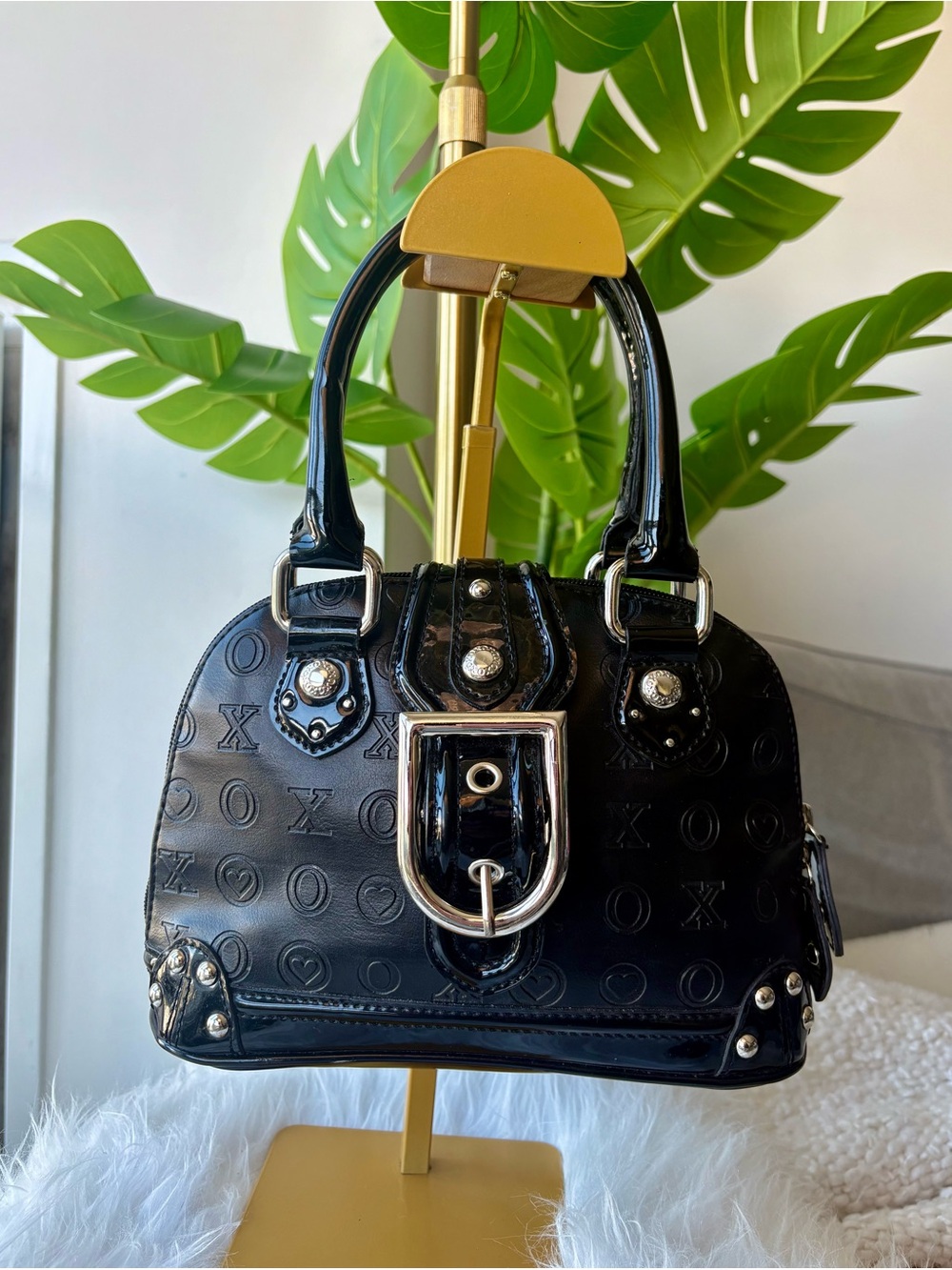 Vintage Y2K XOXO Black Monogram Buckle Studded Mini Satchel Bag